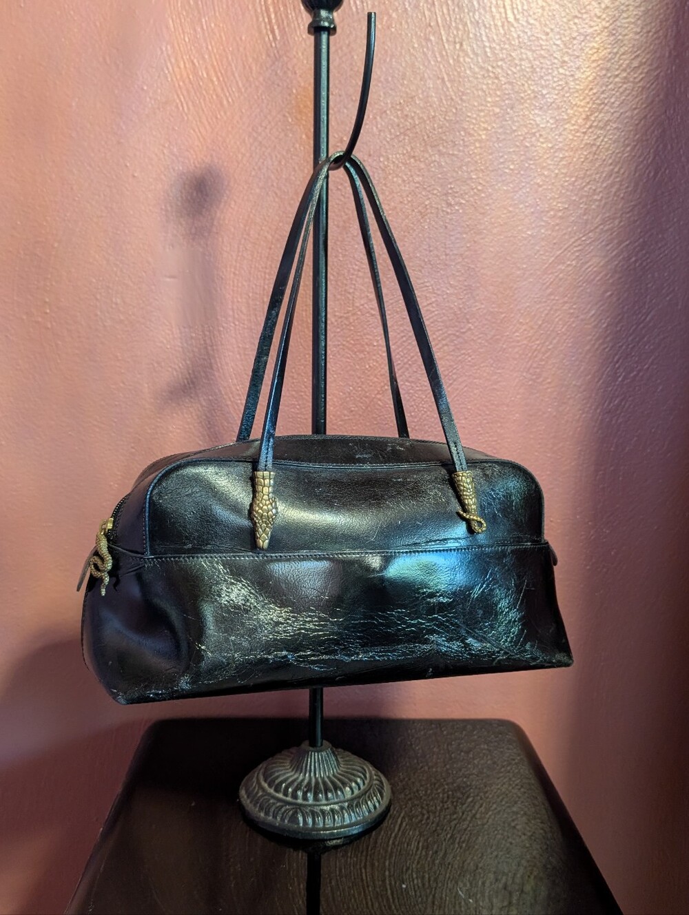 Vintage Francesco Biasia East/West Leather Bag With Brass Snake Details